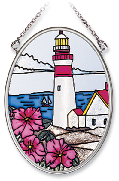 AMIA 7793 Pansies Lighthouse Small Oval Stained Glass