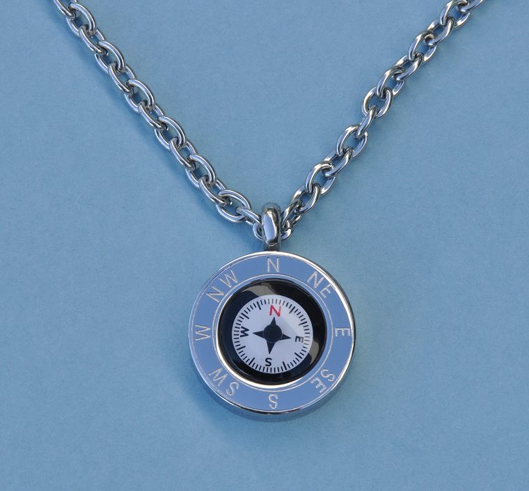 Cardinal Points Stainless Steel Working Compass Pendant with Chain