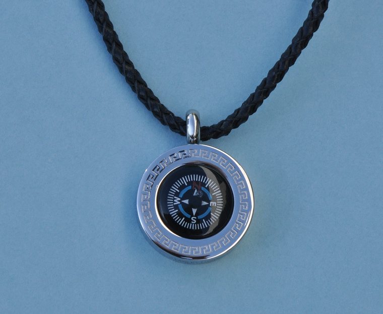 Greek Stainless Steel Working Compass Pendant with Leather Necklace