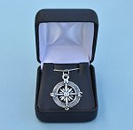 Silver Plated Tibetan Compass Rose Pendant and Optional Silver Chain in Hinged Gift Box