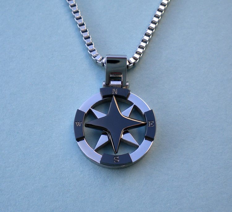Stainless Steel Compass Rose Pendant, with Box Chain