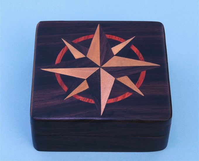 Small Rosewood Desk Compass with Hand Inlaid Hardwood Compass Rose