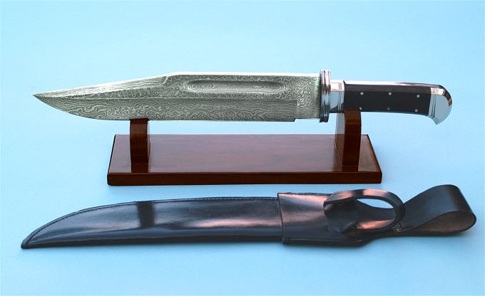 Damascus Bowie Knife with Leather Sheath and Rosewood Stand