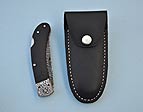 Damascus Lock Back Pocket Knife with Black Leather Sheath